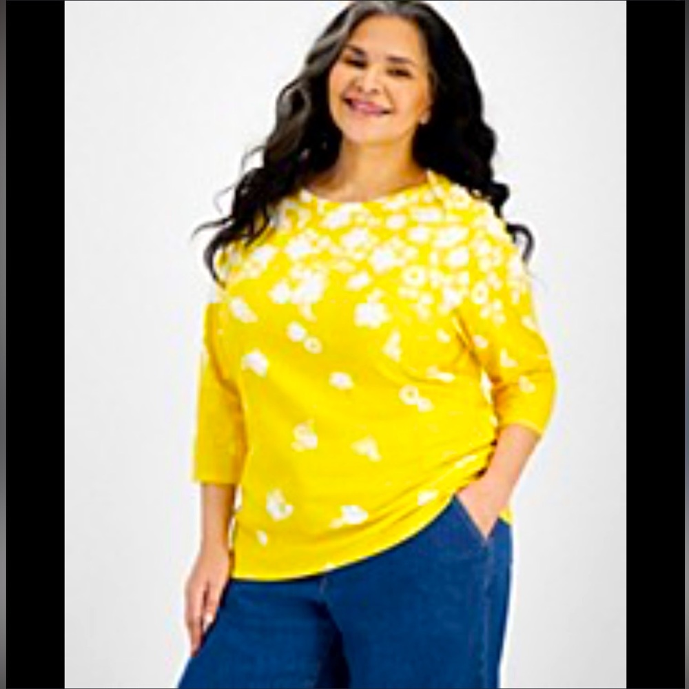 Style & Co Women's Printed Pima Cotton 3/4 Sleeve Top Size XL